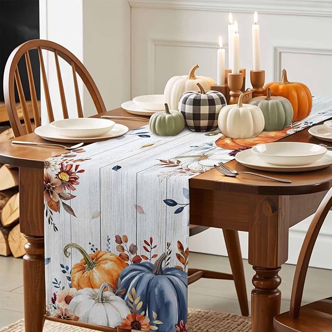 Thanksgiving Fall Cotton Linen Table Runner for Dining Kitchen, Pumpkins Eucalyptus Wedding Outdoor Party Tablerunners Decoration, Farmhouse Wooden Dresser Scarf Coffee Tablecloth Runners 13x90 Inches
