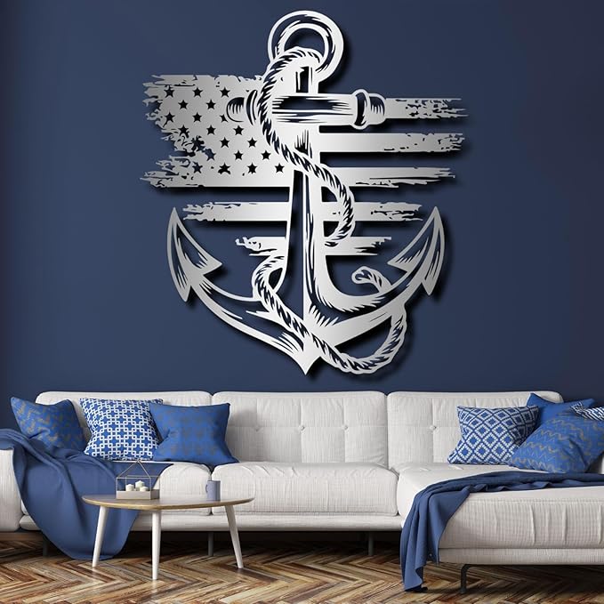 lunwall Metal Anchor Wall Decor, Anchor Metal Sign, Metal Anchor Decor, Anchor Metal Wall Art, Metal Nautical Wall Decor, Metal Wall Decor Coastal, Anchor Wall Decor (white, 47L x 43W / 120 x 109 cm)