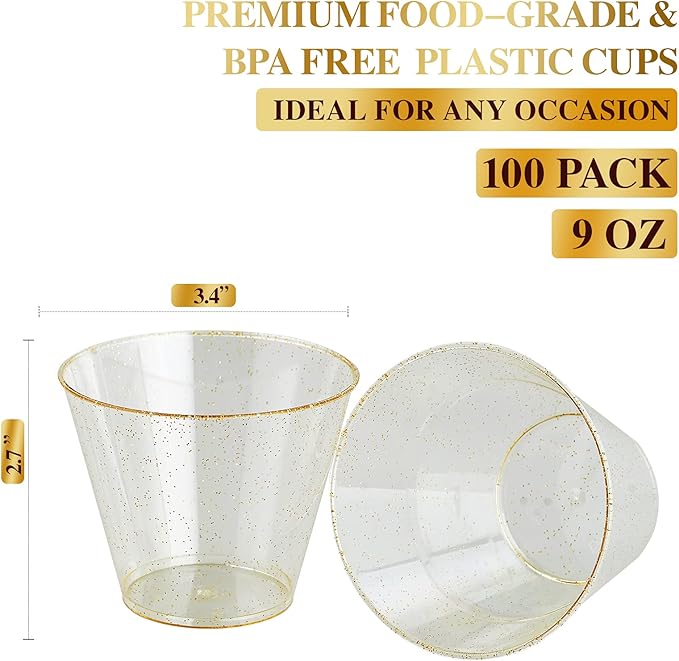 Plastic Cups 9 oz Gold Glitter Disposable, 100 Count