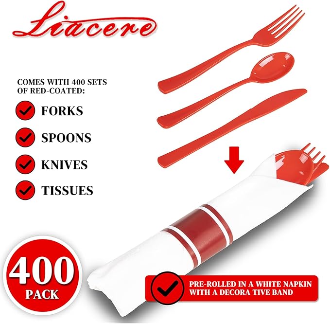 Red Plastic Disposable Spoon, Fork and Knife Set with Napkins, 400 Pieces