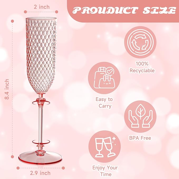 Champagne Glasses 48 Pack Pink Detachable Plastic Flutes 5.5 oz