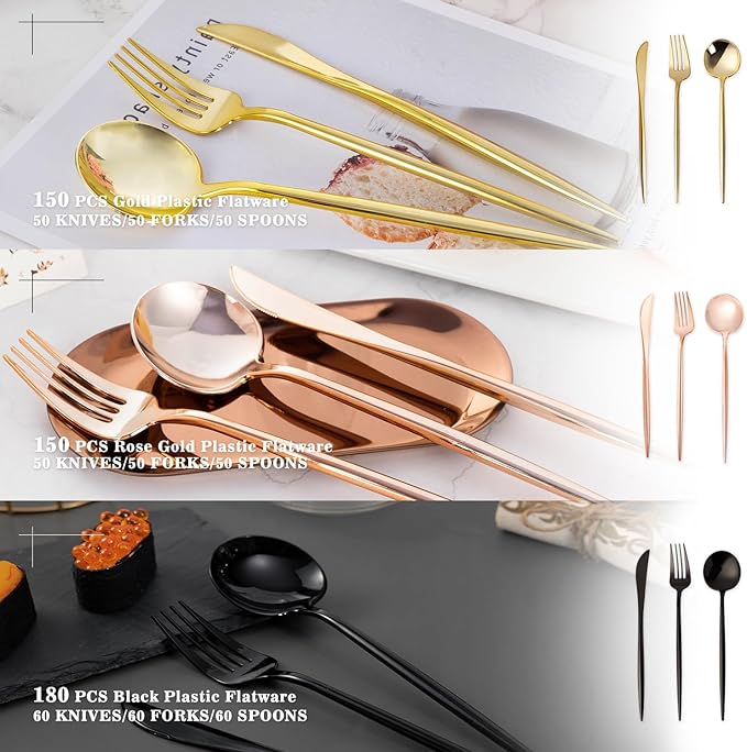 Black Plastic Forks, Knives and Spoons Set, 180 Count, Heavy Duty