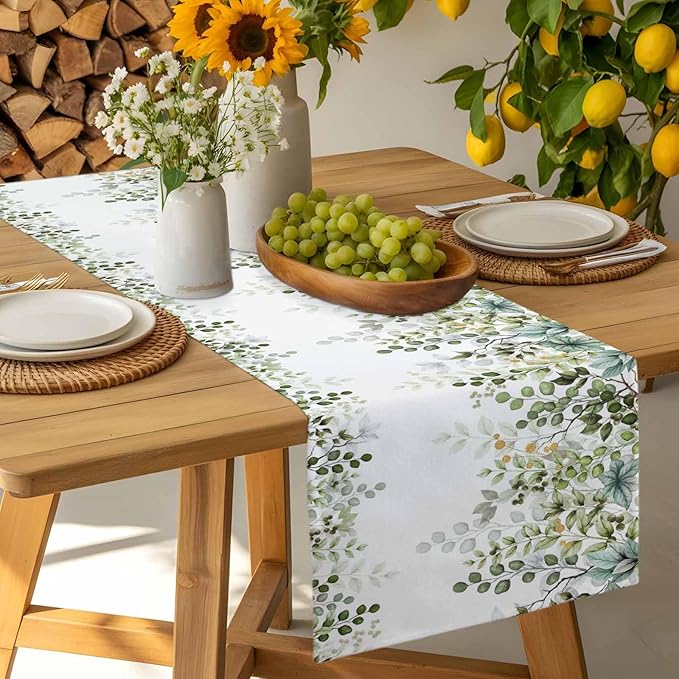 Sage Green Eucalyptus Cotton Linen Table Runner for Dining Kitchen, Farmhouse Leaves Wedding Outdoor Party Tablerunners Decoration Botanical Floral Dresser Scarf Coffee Tablecloth Runners 13x60 Inches