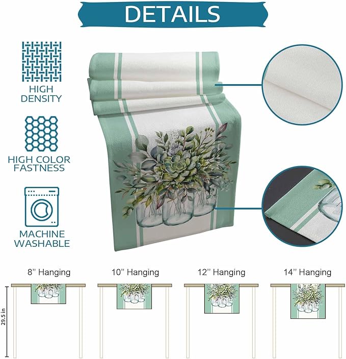 Eucalyptus Cotton Linen Table Runner for Dining Kitchen, Wedding Outdoor Party Tablerunners Decoration, Green Leaves Botanical Plants Watercolor Dresser Scarf Coffee Tablecloth Runners 13x90 Inches