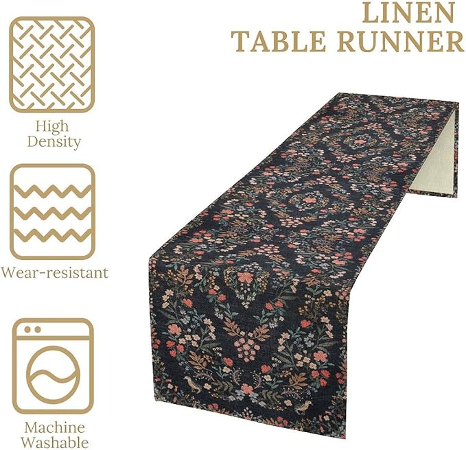 Morris Flower Table Runner, Vintage Blue Floral Rustic Country Style Floral Print Pattern for Home Kitchen Table Decor Dining Coffee Room Garden Party Decor 13x108in