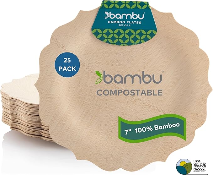 Disposable Bamboo Plates, 7 Inch Scalloped Brown, Pack of 25