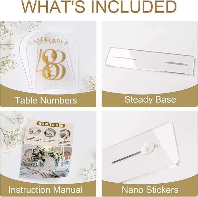 Wedding Table Numbers 1-25 Clear Acrylic Seating Number Signs for Weddings Reception Anniversary Party Decor Seat Number for Tables with Elegant Gold Lettering