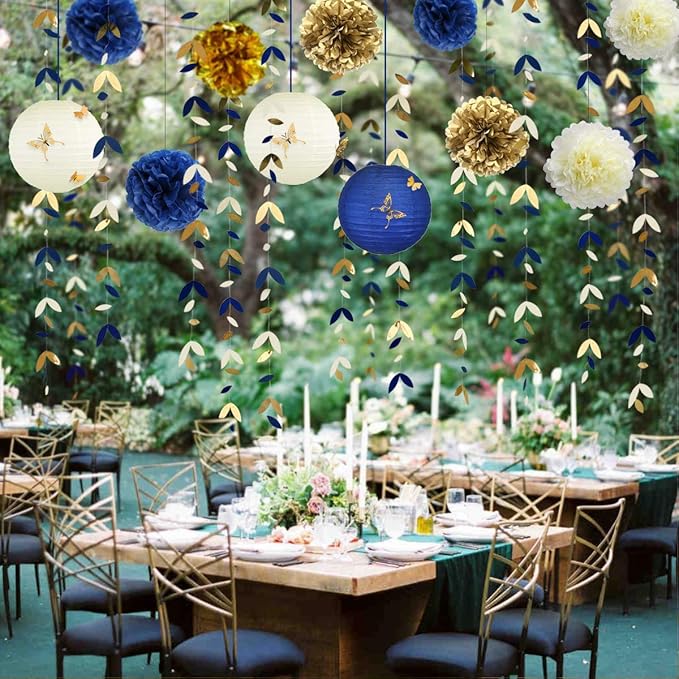 Banners Party Decor Kit, 40 Pieces, Blue and Gold Paper Lanterns, Garlands
