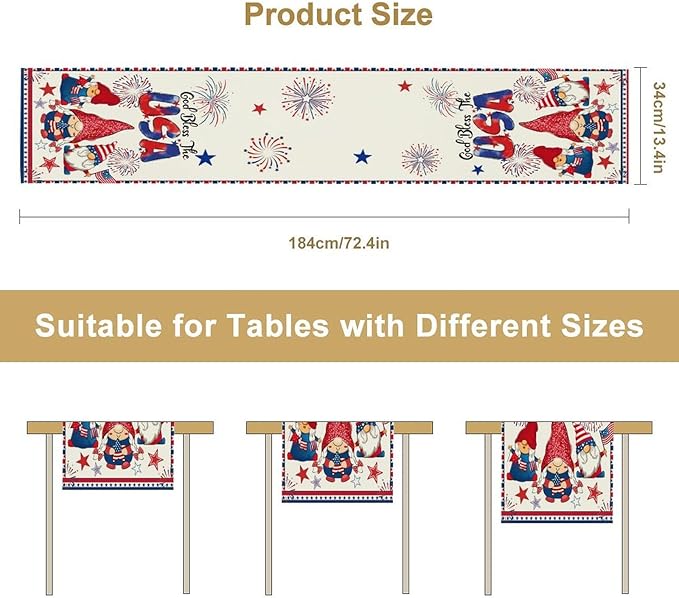 Cute Patriotic Gnomes Table Runner, American Independence Day 4th of July Gnome Blue Red Fireworks Confetti Print Table Runner for Home Kitchen Dining Table Party Decor, 13x108inch