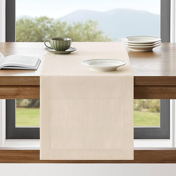 ZeeMart Linen Textured Border Table Runner, 14 x 72 Inch Cream, Farmhouse Style Cream Table Runners 72 Inches Long, Easy Care Everyday Polyester Table Runner
