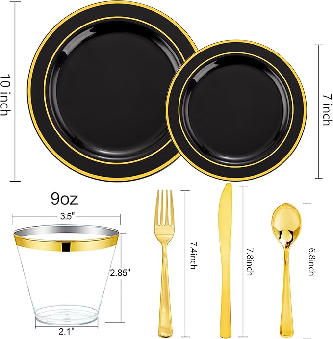 Plates for 25 Guests, Black Plastic with Gold Trim