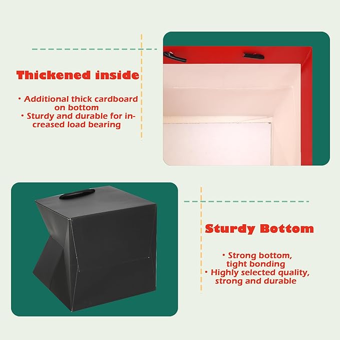 Gift Bags, Black Square Bottom Paper with Handles, 12x12x12 Inch, 10 Count