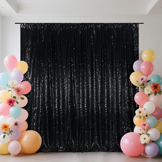 SquarePie Sequin Backdrop Less See Through Thick Background Glitter Curtain for Halloween Party 6FT x 6FT Black