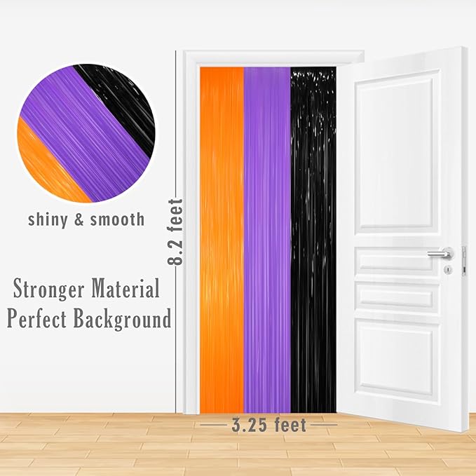 GOER 3.2 ft x 8.2 ft Metallic Tinsel Foil Fringe Party Backdrop for Halloween Birthday Graduation New Year's Party Decorations(3 Packs,Black&Orange&Purple)