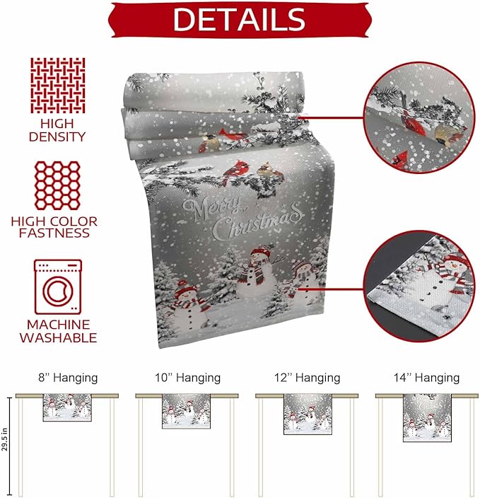 Christmas Snowman Cotton Linen Table Runner for Dining Kitchen, Snowflakes Xmas Pine Tree Wedding Outdoor Party Tablerunner Decoration Winter Bird Dresser Scarf Coffee Tablecloth Runners 13x120 Inches