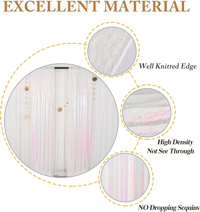 ShinyBeauty Sequin Backdrop Curtains 2FTx8FT 4 Panels Iridescent White - Sparkly Photo Background for Wedding, Party, Event Decor, Mermaid Shimmer Wall Backdrops