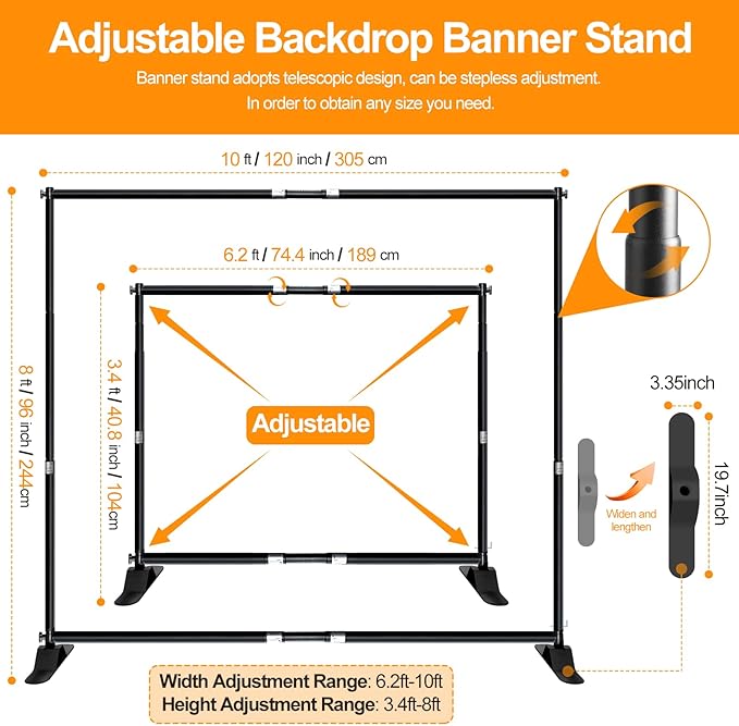 Backdrop Stand, Black Aluminum Telescopic Frame, 3.4-8 ft Height