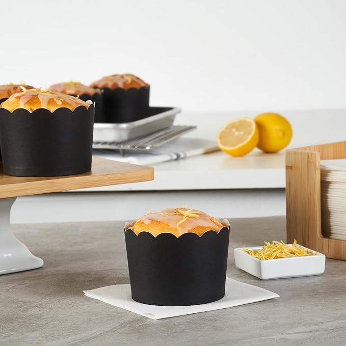 Panificio 10 Ounce Cupcake Wrappers, 200 Scalloped Baking Cups - Oven-Ready, Greaseproof, Black Paper Cupcake Liners, Disposable, For Birthdays, Baby Showers, Or Weddings - Restaurantware