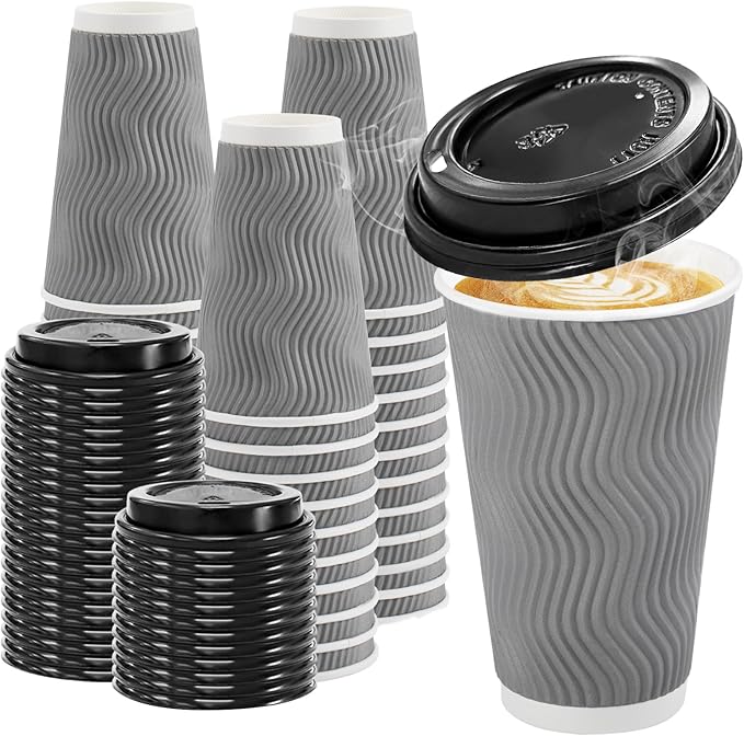 Disposable Coffee Cups with Lids, 16 oz, Gray, 100 Pack