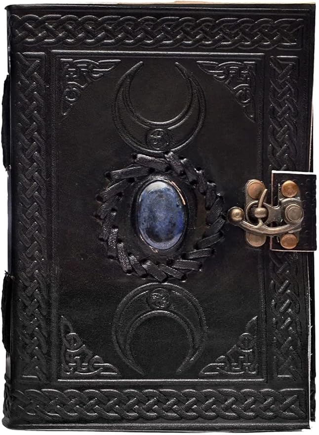 cuero 3 Moon Blue Lapiz Embossed Vintage Leather Journal for Men & Women - 140 Pages, Antique Handmade Deckle Edge Vintage Paper, Leather Journal Writing Notebook Dairy Gift (7 inch by 10 inch, Black)