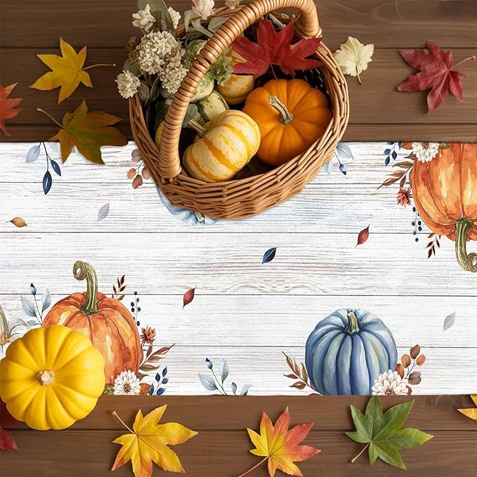 Thanksgiving Fall Cotton Linen Table Runner for Dining Kitchen, Pumpkins Eucalyptus Wedding Outdoor Party Tablerunners Decoration Farmhouse Wooden Dresser Scarf Coffee Tablecloth Runners 13x108 Inches