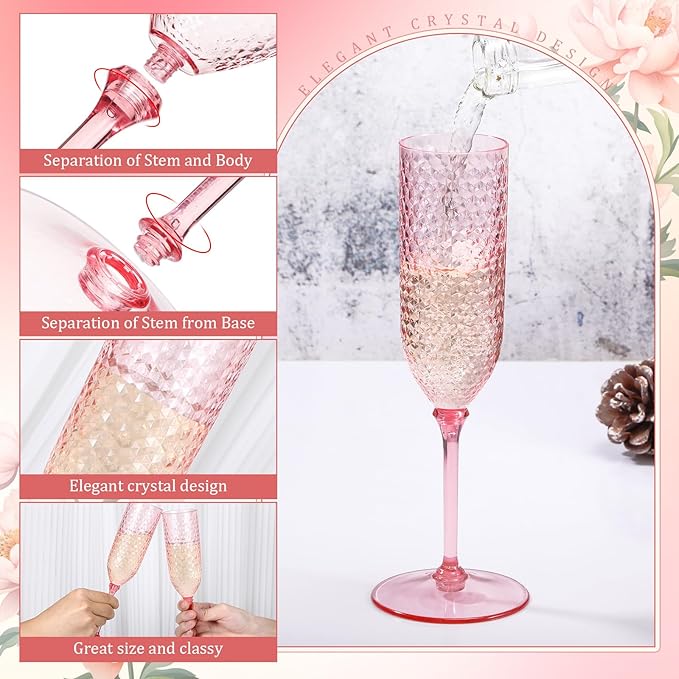 Champagne Glasses 48 Pack Pink Plastic Flutes 5.5 oz Detachable Stems