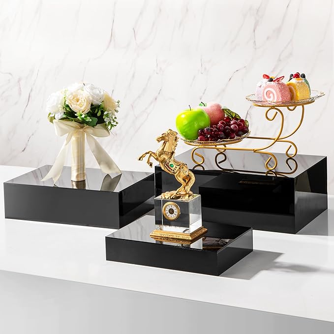 Extra Large Buffet Risers Set, 10" 12" 14" White Acrylic Food Risers for Buffet Table, Display Stand Shelf with Hollow Bottoms for Catering Dessert Collectibles Jewelry Figures Show(Black)