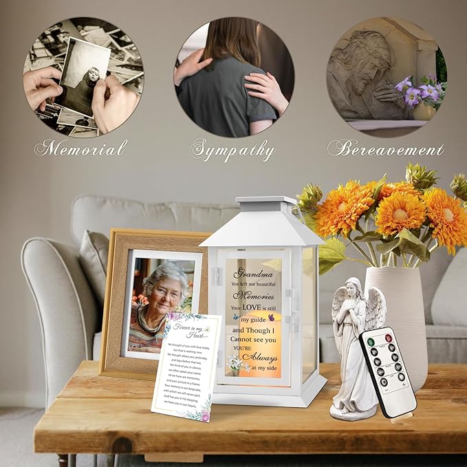 Decorative Candle Lantern 14.2 Inch Metal Glass Memorial with LED Candle