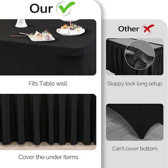 Wish Care 6 Pack Black Spandex Table Cloths for Rectangle Tables 4ft - One-Piece Wrinkle Free Fitted Table Cover 4 Foot Table Stretch Tablecloths for Party, Banquet, Wedding and Events