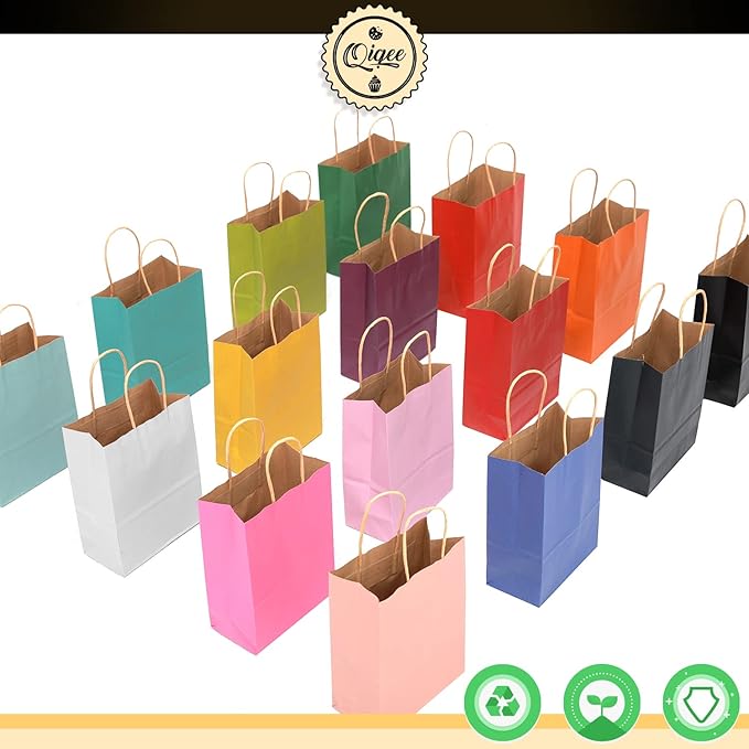 qiqee Small Size Paper Gift Bags With Handles 8.3"x6"x3.15" 16 Solid Colors Party Favor Bags（16-Packs）