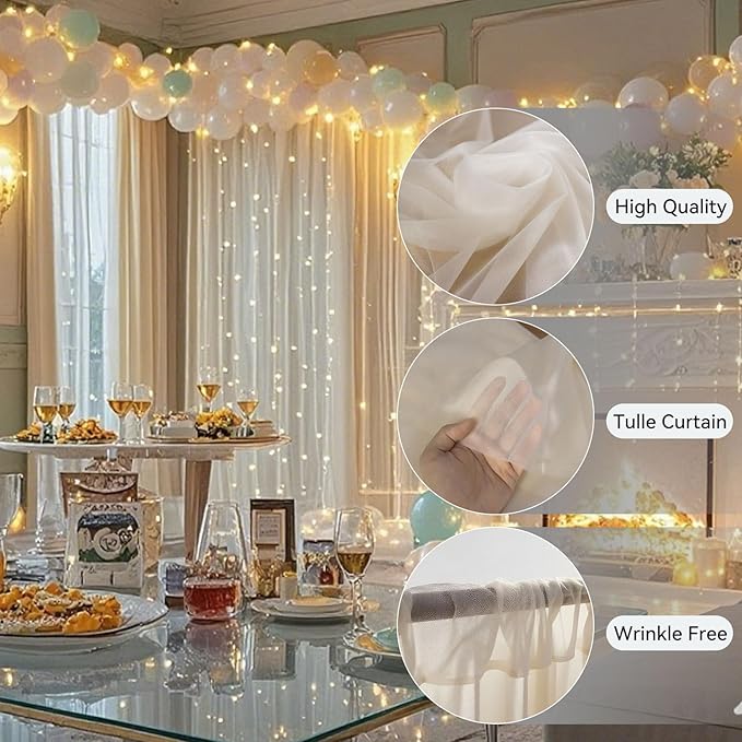 10×8ft Tulle Backdrop Curtains with Lights String - 300LED Fairy Lights Sheer Curtain Backdrop for Weddings Baby Shower and Birthday Party Decorations(8 Panels 5×8ft)