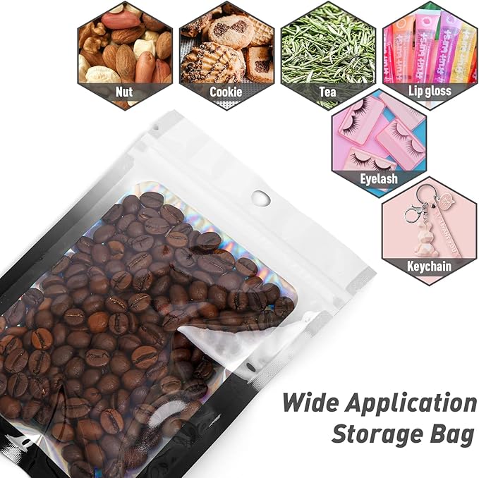 Funfery 100 Pack Gradient Holographic Bags,Resealable Bags with Zipper,Clear Window Packaging Pouchs,Foil Bag for Food Storage,Small Business,Sample Jewelry Bag(6.3×9.4In,White Black)