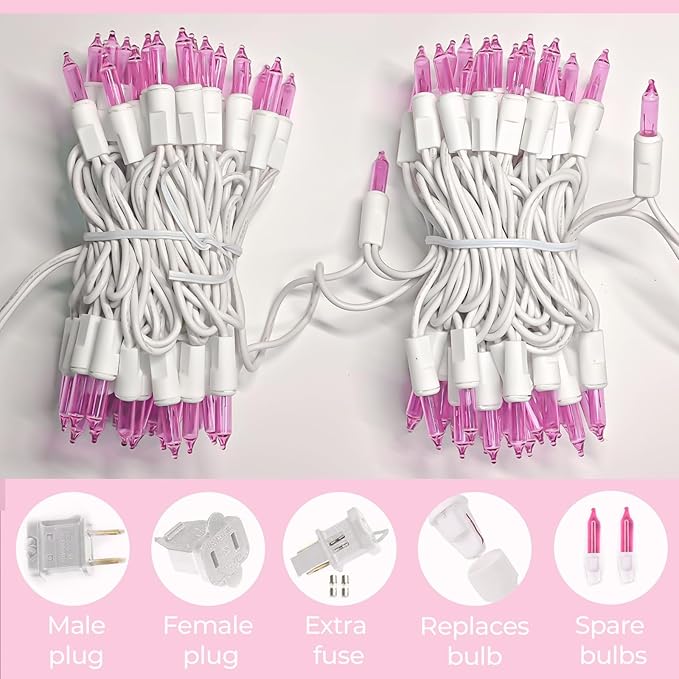 100 Count Pink Lights for Valentine's Day Decorations 20ft Mini Christmas String Lights White Wire Incandescent Bulb Waterproof Fairy Lights for Indoor Outdoor Xmas Tree Valentine's Day Décor