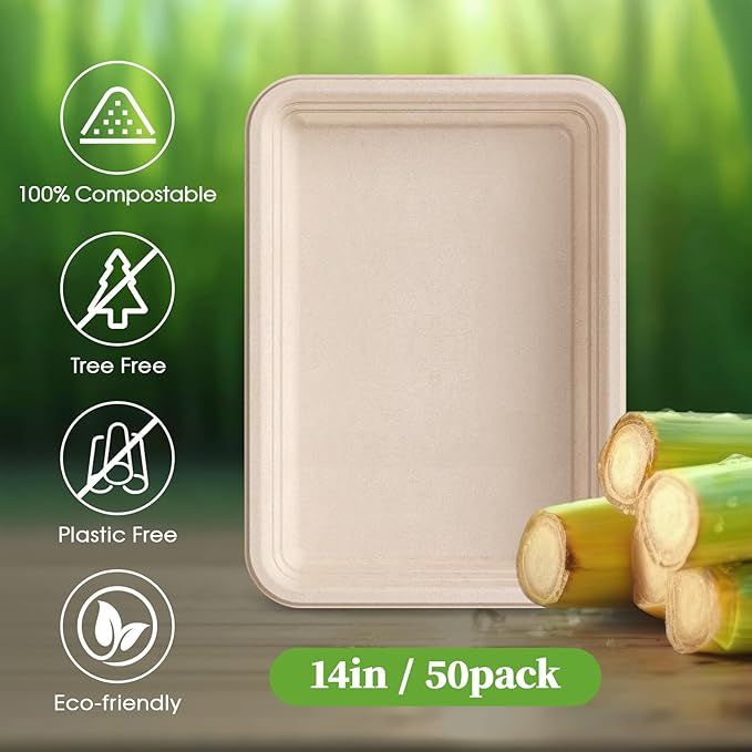 Disposable Compostable Food Trays, 50 Count, 13.8 x 9.8 Inch Rectangular