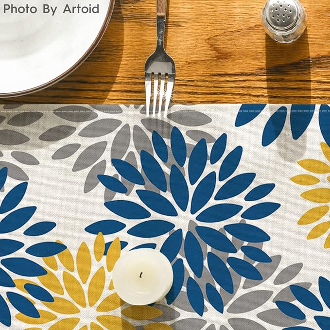 Artoid Mode Blue Dahlia Floral Pinnata Summer Table Runner, Spring Kitchen Dining Table Decoration for Home Party Decor 13x48 Inch