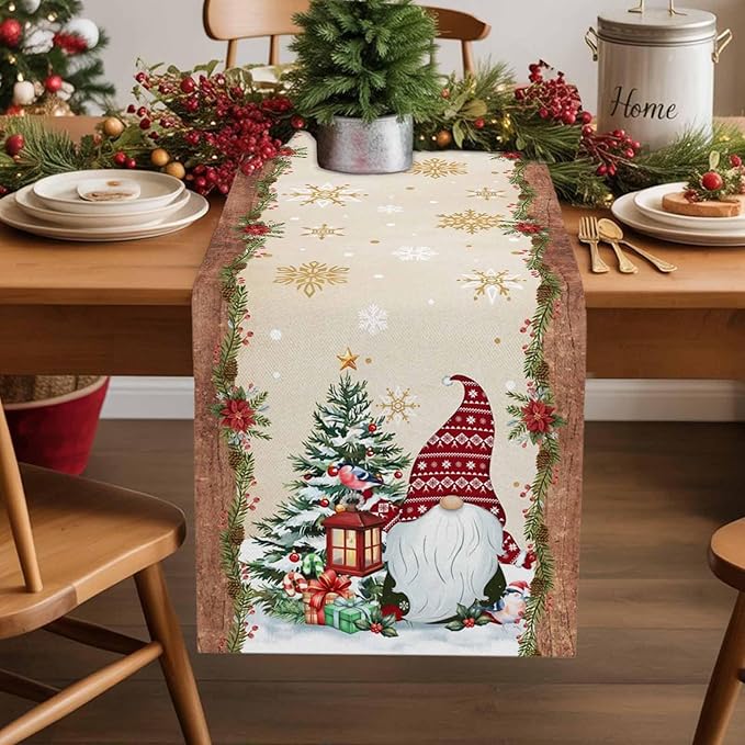 Christmas Gnomes Cotton Linen Table Runner for Dining Kitchen, Xmas Pine Tree Snowflake Rustic Wedding Outdoor Party Tablerunners Decoration, Retro Wood Dresser Scarf Tablecloth Runners 13x36 Inches