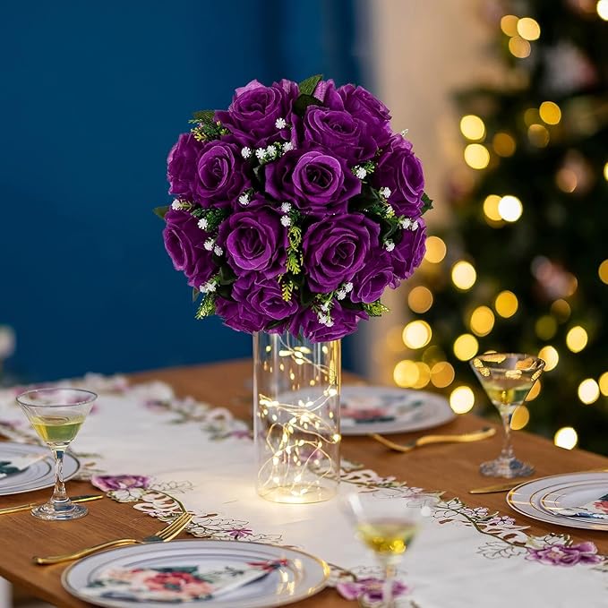 BLOSMON Flower Balls Wedding Rose Centerpieces 10 Pcs Purple Fake Flowers with Base Kissing Balls Decor Artificial Floral Arrangements Flower Bouquet of Roses Home Party Table DIY Decorations
