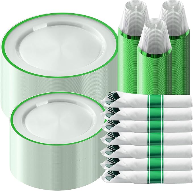 Disposable Green Party Plates Set, 350 Pieces for 50 Guests