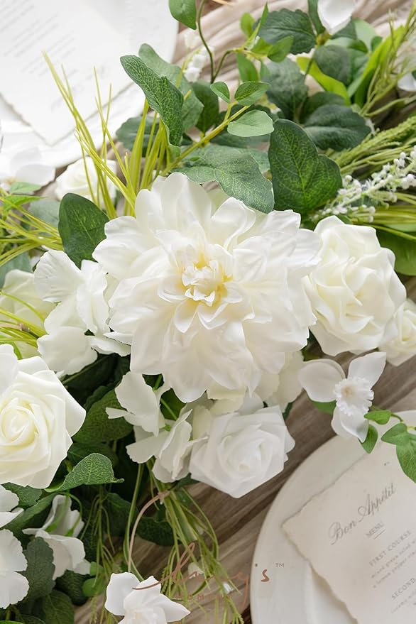 Artificial Flower Garland 6 Ft Eucalyptus Table Runner in White and Olive