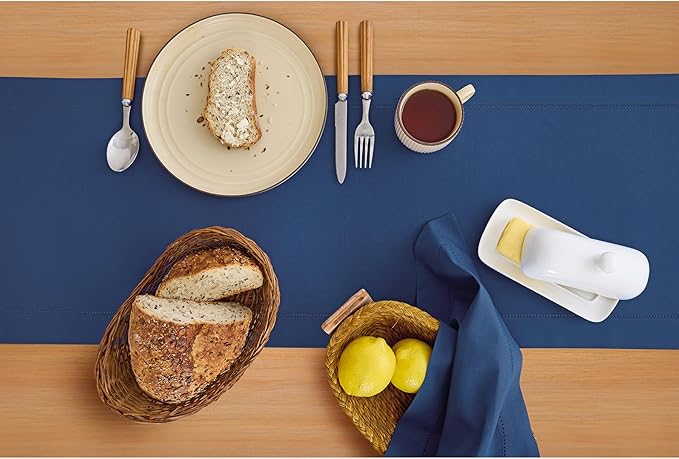 Solino Home Cotton Linen Table Runner 60 Inches - Lapis Blue Hemstitch Table Runner 14 x 60 Inch Ideal for Dresser and Coffee Tables - Fall, Autumn, Halloween