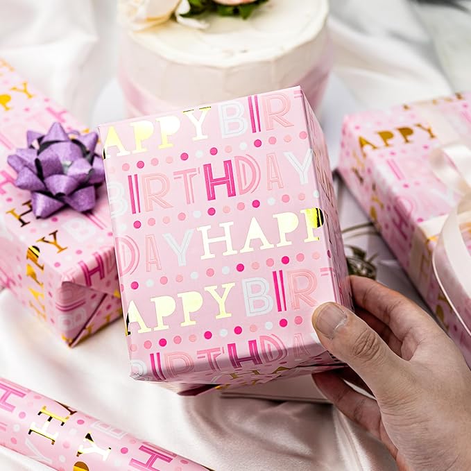 Yarcony Girl Birthday Wrapping Paper Roll, Pink and Gold Wrapping Paper, Gold Foil Girly Happy Birthday Lettering Design Pink Gift Wrap for Girls Women, Baby Shower, Christmas(17 Inch X 33 Feet)