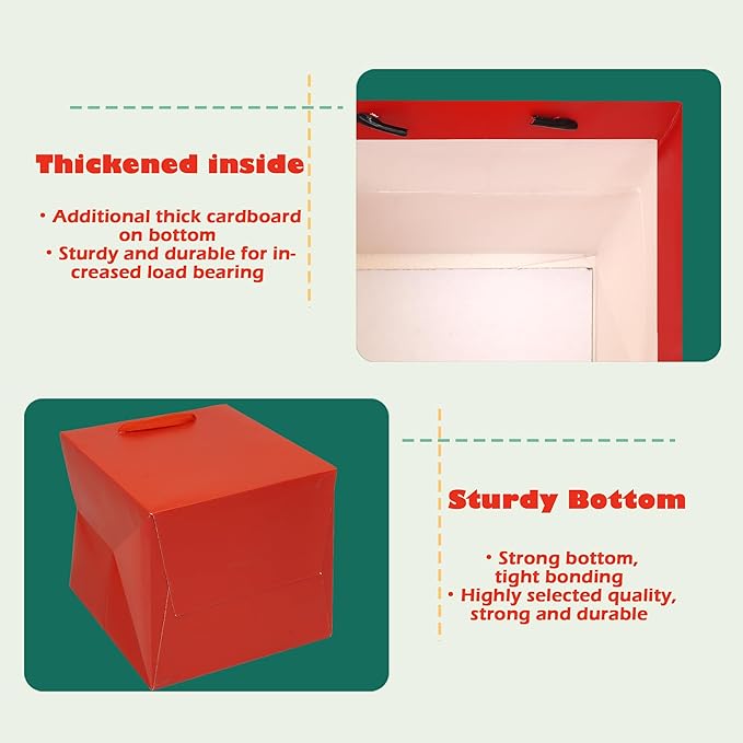 Gift Bags, Red Square Bottom Paper with Handles, 12 x 12 Inch, Pack of 10