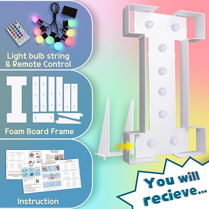 Marquee Letter I Light Up Decoration, 3 ft Foam Board, 16 Colors