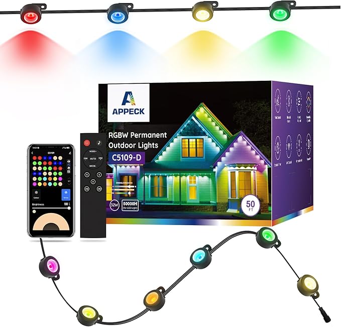 String Lights for Outdoor Use, 50 ft Black Smart Lights with 36 RGBW LEDs