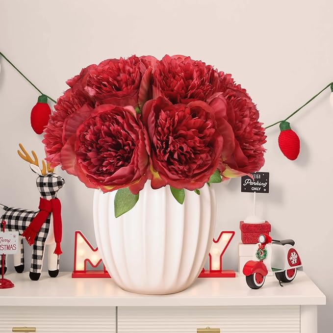 U'Artlines 10 Heads Artificial Peony Silk Flower Leaf Home Office Wedding Party Festival Bar Decor (Red)