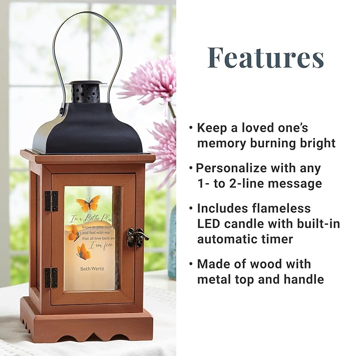 Decorative Candle Lantern in Wood with LED Light, 12-Inch Memorial Gift