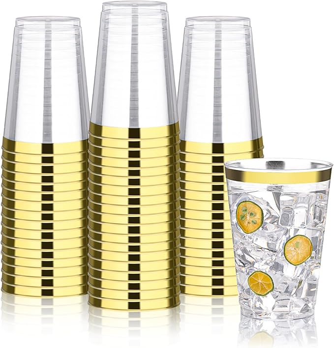 Disposable Plastic Party Cups, 12 oz Clear with Gold Rim, 100 Count