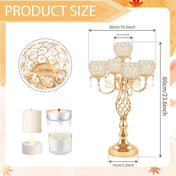 Candlestick Holders Gold Crystal Candelabra, 5-Arm 23.6-Inch Centerpiece