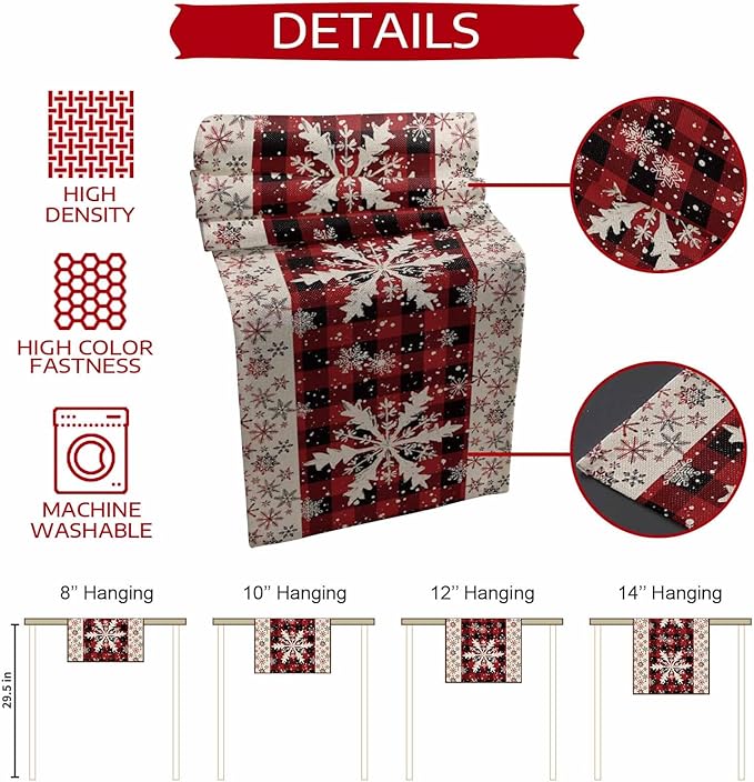 Buffalo Plaid Christmas Cotton Linen Table Runner for Dining Kitchen, Snowflake Red Black Check Wedding Outdoor Party Tablerunner Decoration, Retro Dresser Scarf Coffee Tablecloth Runners 13x72 Inches
