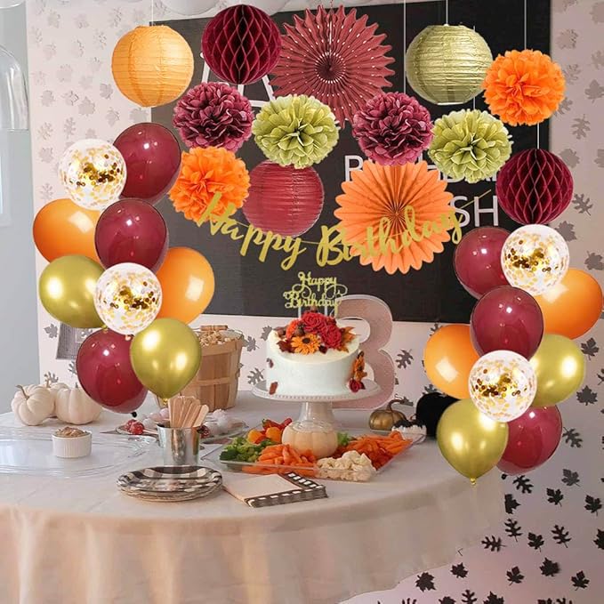Tissue Pom Poms Fall Birthday Party Decor Kit, Burgundy Orange Gold